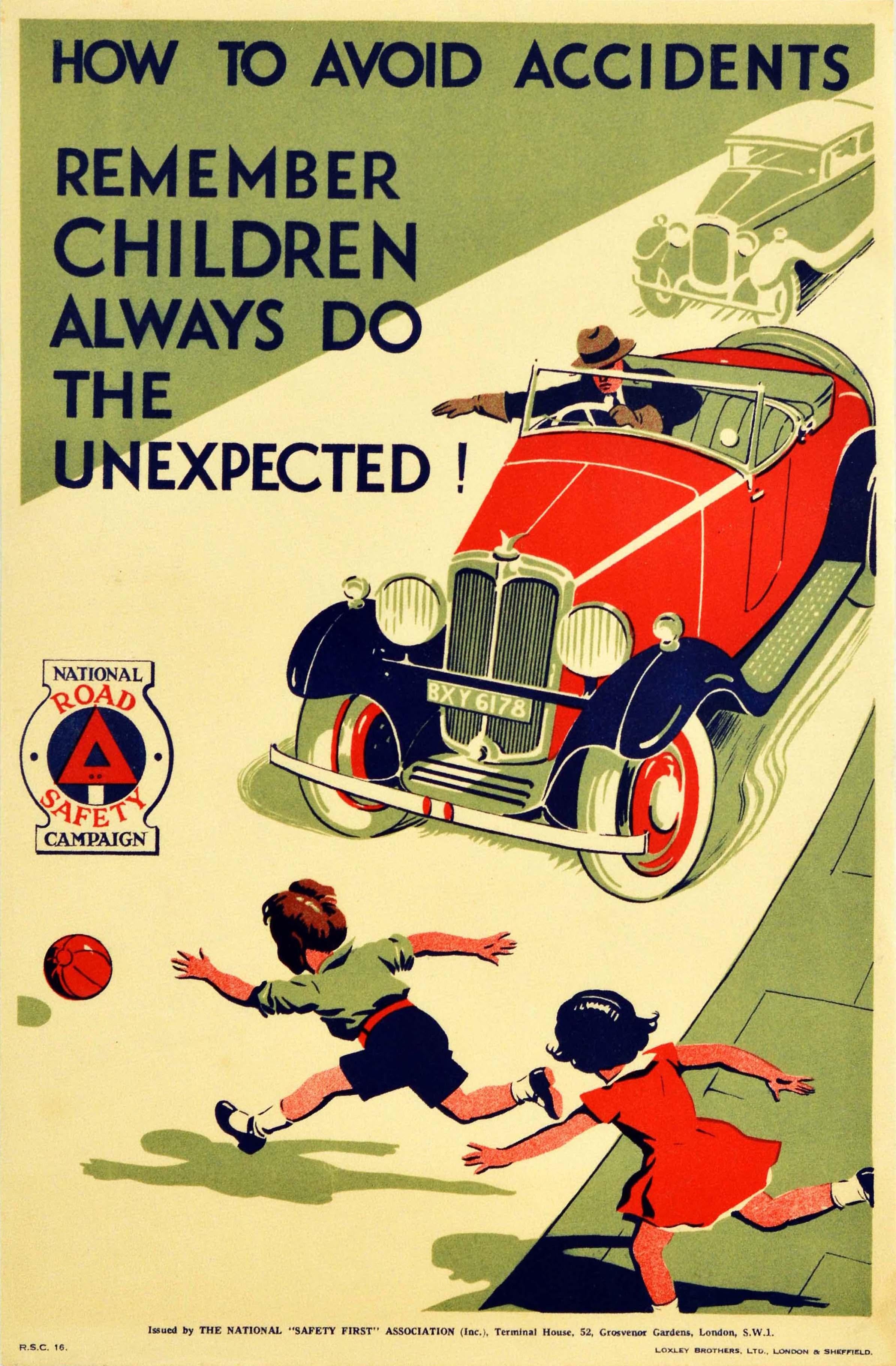 Unknown Print - Original Vintage Road Safety Poster Avoid Accidents Classic Car Children Warning