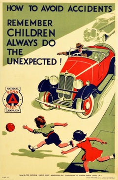 Original Vintage Road Safety Poster Avoid Accidents Classic Car Children Warning