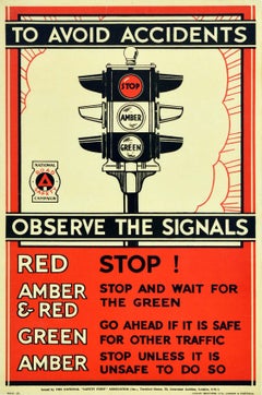 Original-Vintage-Reise-Safety-Poster, Vorsicht vor Unfallen, Straßenlichtsignale, Stop!