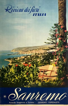Poster di viaggio originale d'epoca San Remo Sedia Vuota 1947
