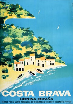 Original Vintage Seaside Holiday Travel Poster Costa Brava Girona Spain Espana