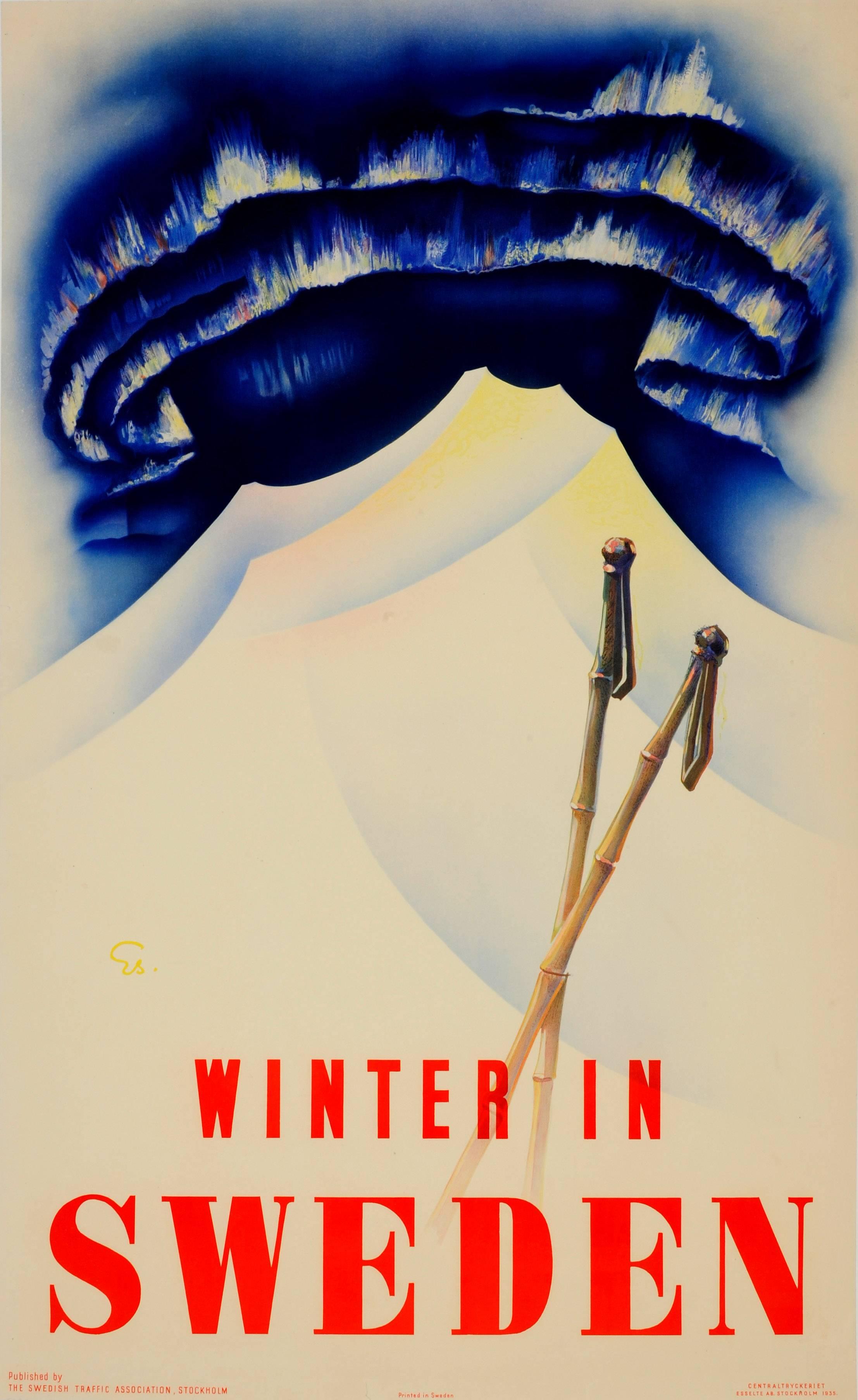 Unknown Print - Original Vintage Ski Sport Poster Featuring The Northern Lights Winter In Sweden