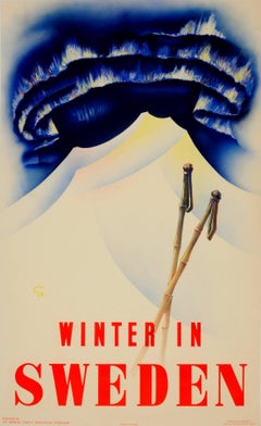 Original Vintage Ski Sport Poster Featuring The Northern Lights Winter In Sweden