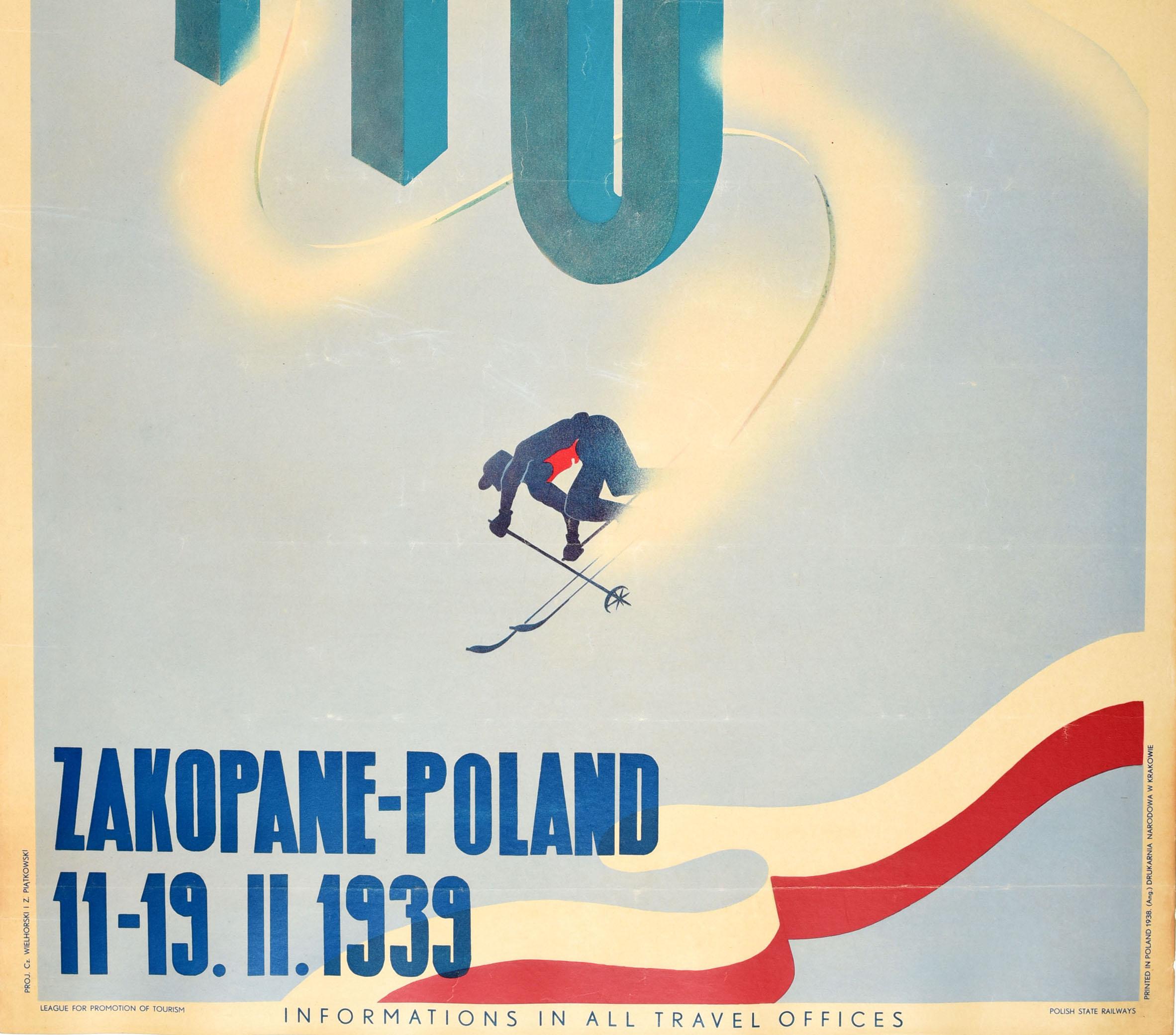 Original-Ski-Reiseplakat für die FIS-Ski-Weltmeisterschaften in Zakopane Polen vom 11. bis 19. Februar 1939. Dynamisches Design, das einen Skifahrer zeigt, der in einem Slalomrennen um die Buchstaben FIS herumfährt. Im Hintergrund sind eine