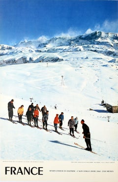 Original Vintage Ski Travel Poster France Winter Sports Alps Alpe dHuez Isere