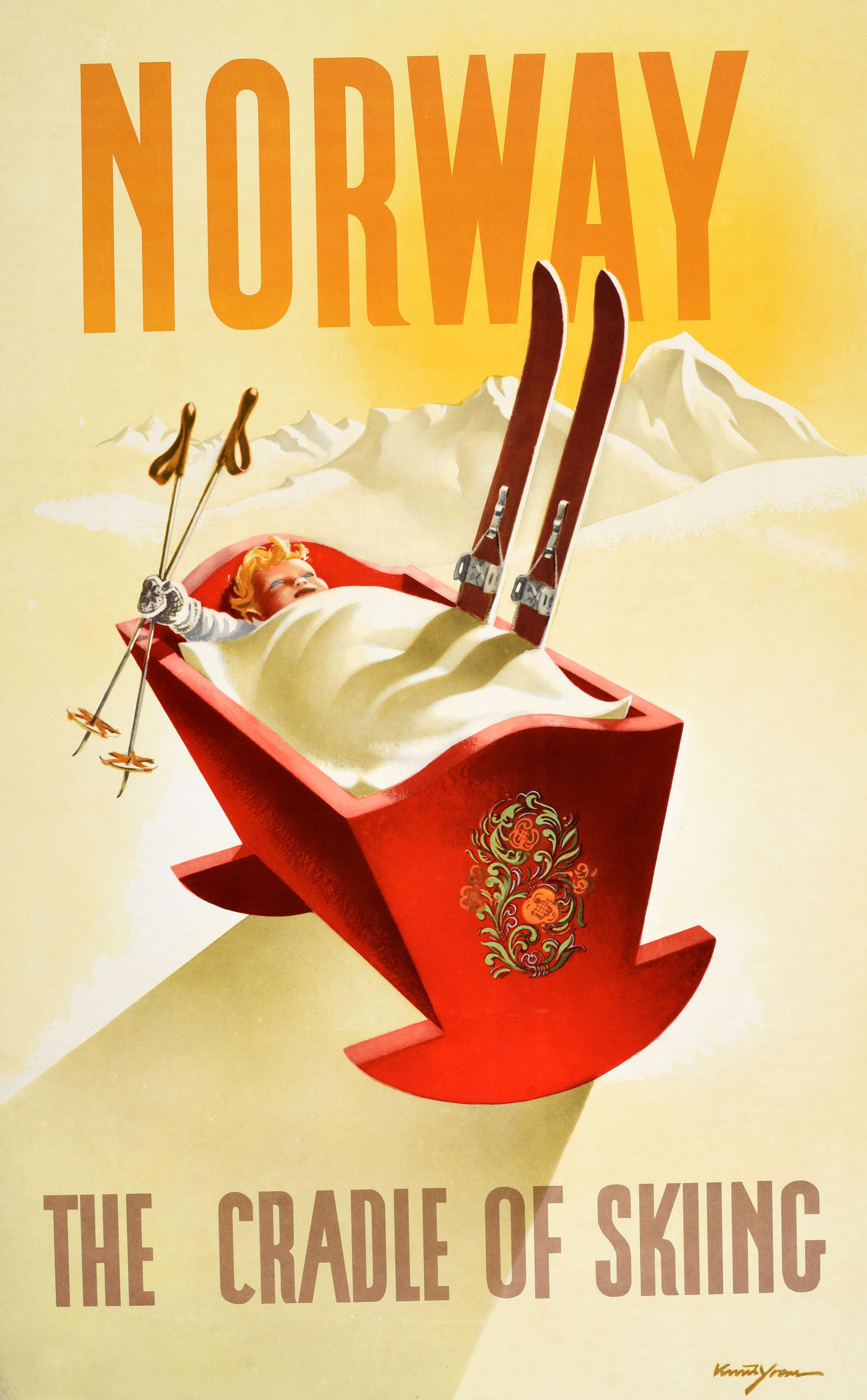 Original vintage ski travel poster for Norway The Cradle of Skiing featuring artwork by Knut Yran (1920-1998) depicting a baby holding ski poles and lying in a traditional decorated red cradle with skis tucked into the blanket on the side, the snow