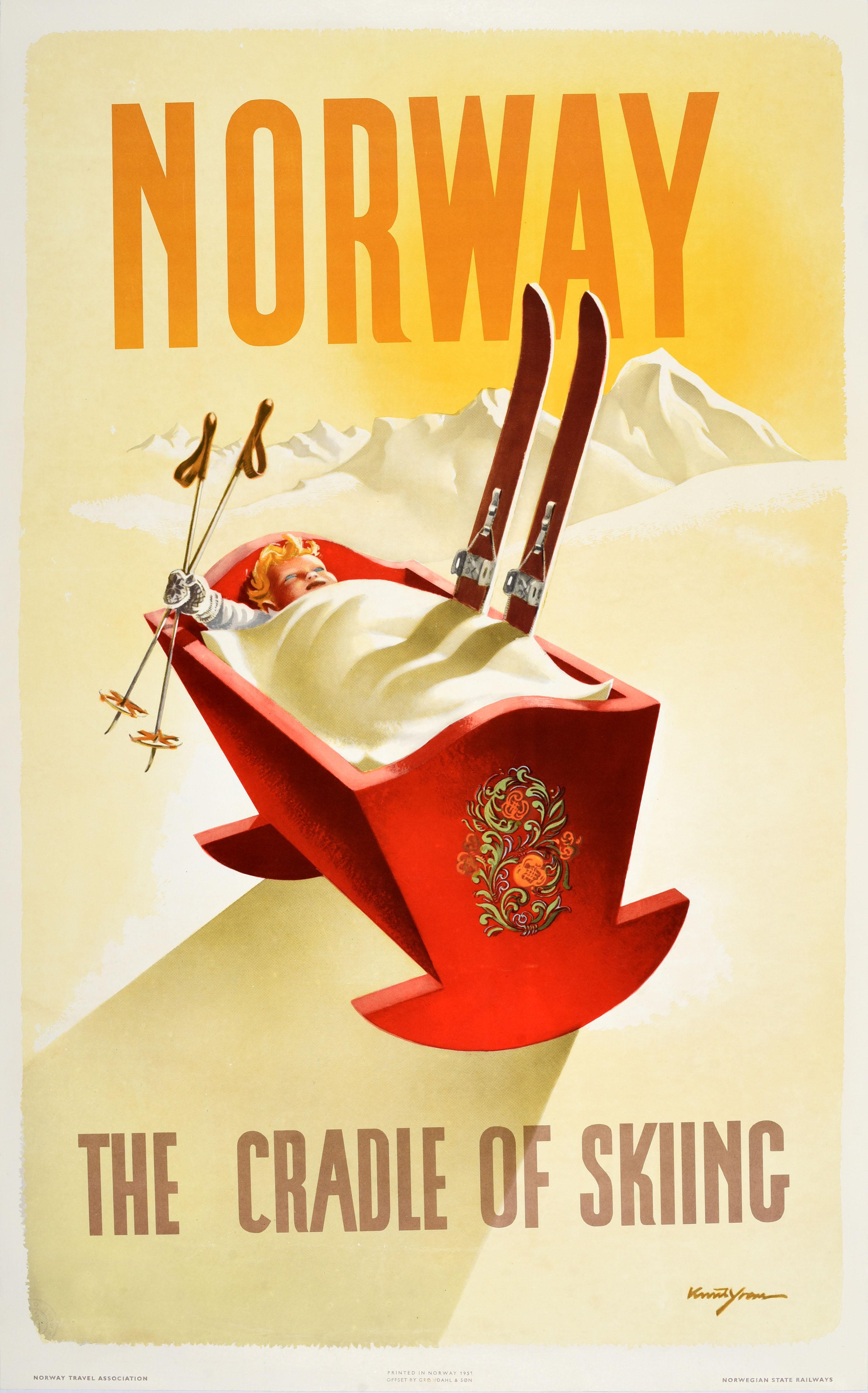 Original Vintage Ski Travel Poster Norway Cradle Of Skiing Knut Yran Scandinavia - Print by Unknown