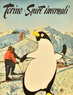 Original Vintage Ski Travel Poster Turin Winter Sports Penguin ENIT Alps Skiing