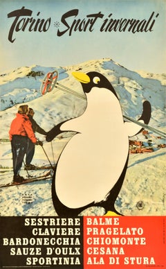 Original Vintage Ski Travel Poster Turin Winter Sports Penguin ENIT Alps Skiing