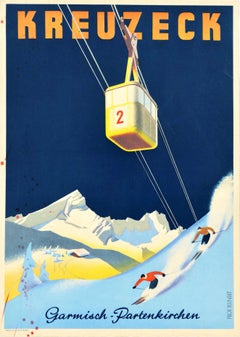 Original Vintage-Reiseplakat, Ski-Wintersport, Kreuzeck, Garmisch Partenkirchen, Partenkirchen