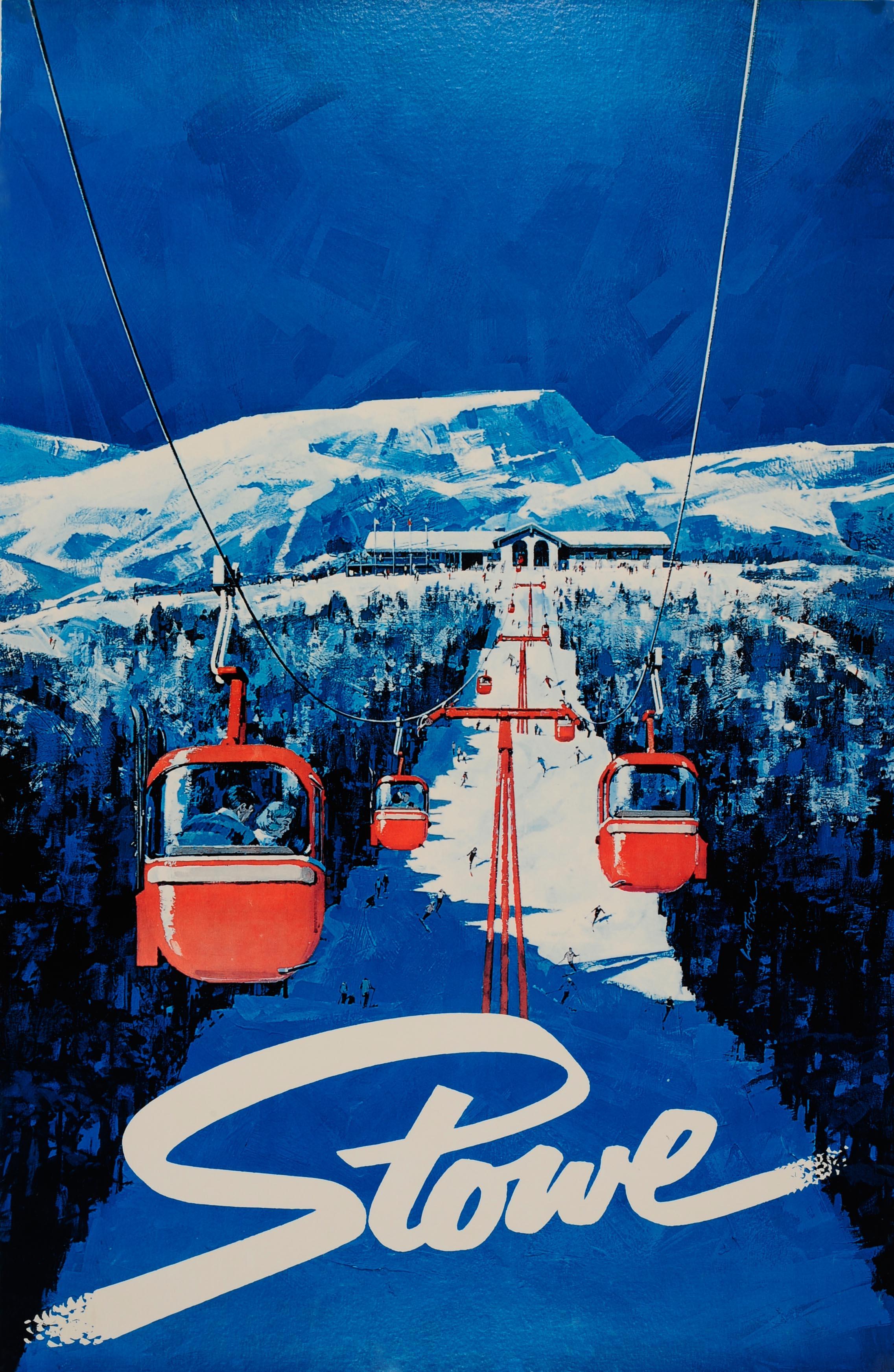 Unknown Print - Original Vintage Skiing Poster Stowe Alpine Ski Resort Vermont Cable Car Ski Run