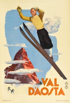 Original Antique Skiing Poster Val D'Aosta Italy Ski Jump Winter Sport Travel