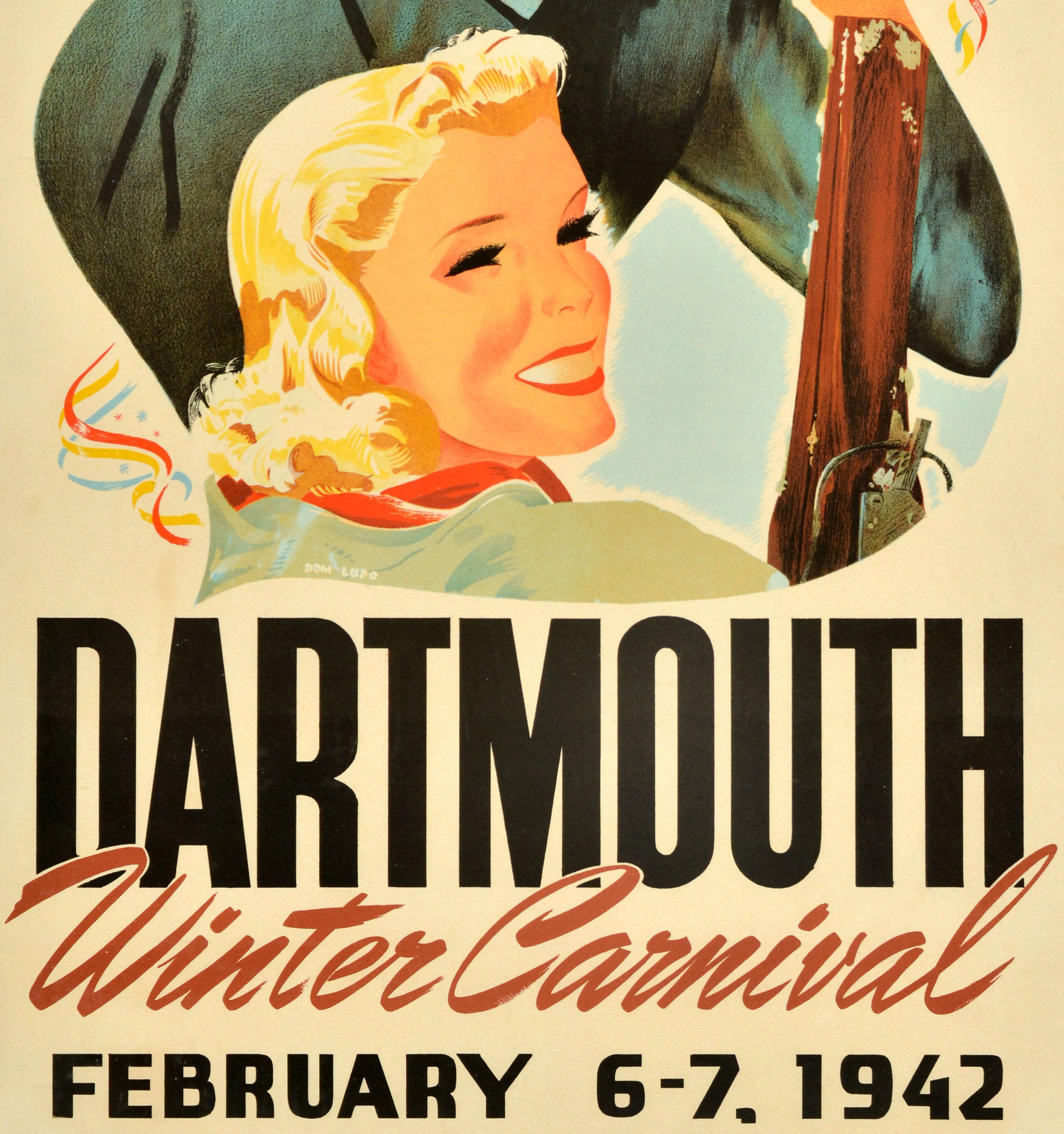 Original Vintage Skiing Sport Poster Dartmouth Winter Carnival 1942 Ski USA - Orange Print by Unknown