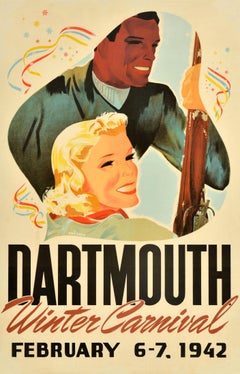 Affiche vintage originale de ski de Dartmouth, carnaval d'hiver 1942, États-Unis
