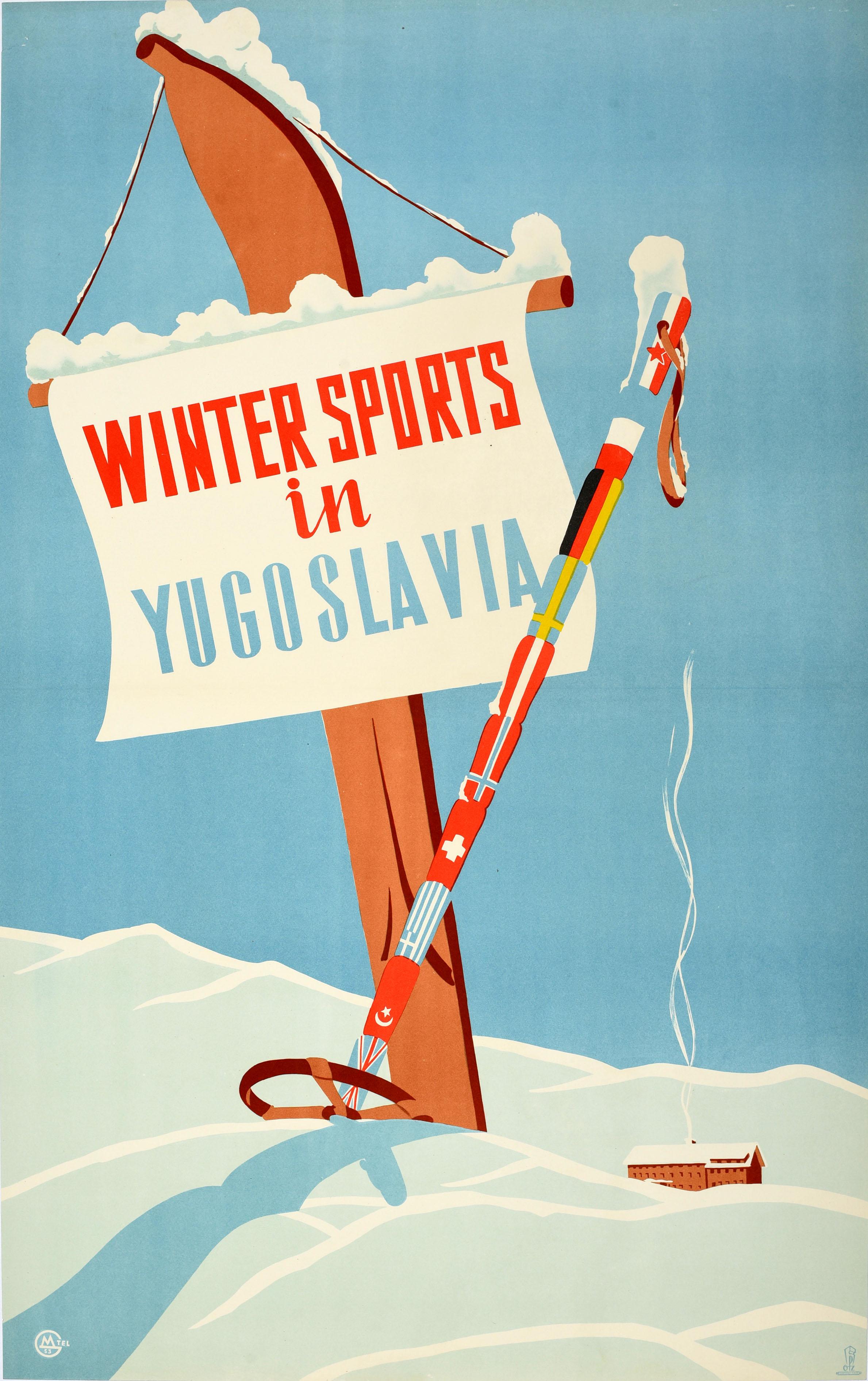 Unknown Print - Original Vintage Skiing Travel Poster Winter Sports In Yugoslavia Midcentury Art