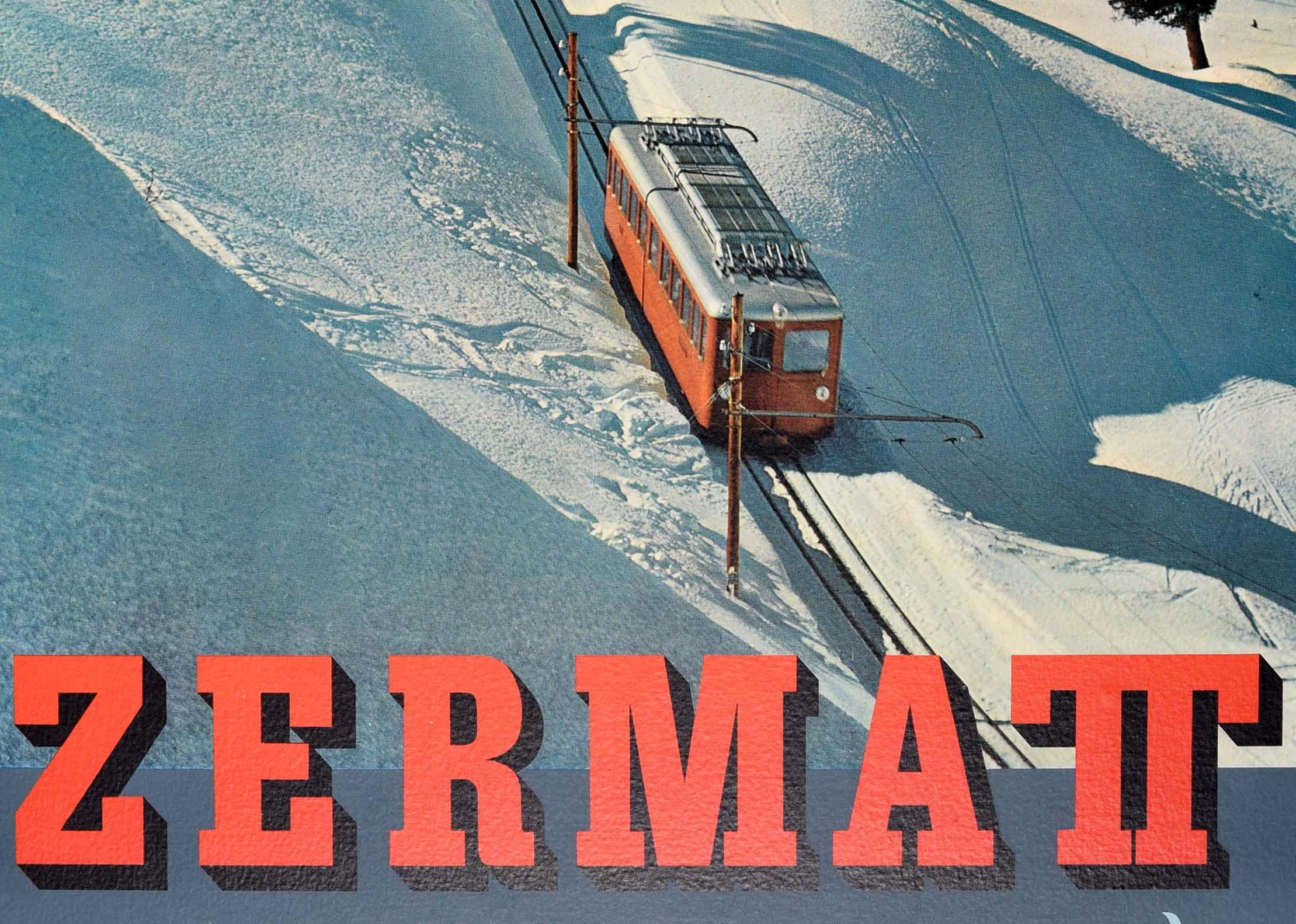 Poster originale d'epoca per lo sci e lo sport invernale Zermatt Svizzera Vallese - Print di Unknown