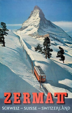 Original Retro Skiing Winter Sport Travel Poster Zermatt Switzerland Valais