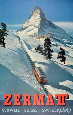 Poster originale d'epoca per lo sci e lo sport invernale Zermatt Svizzera Vallese