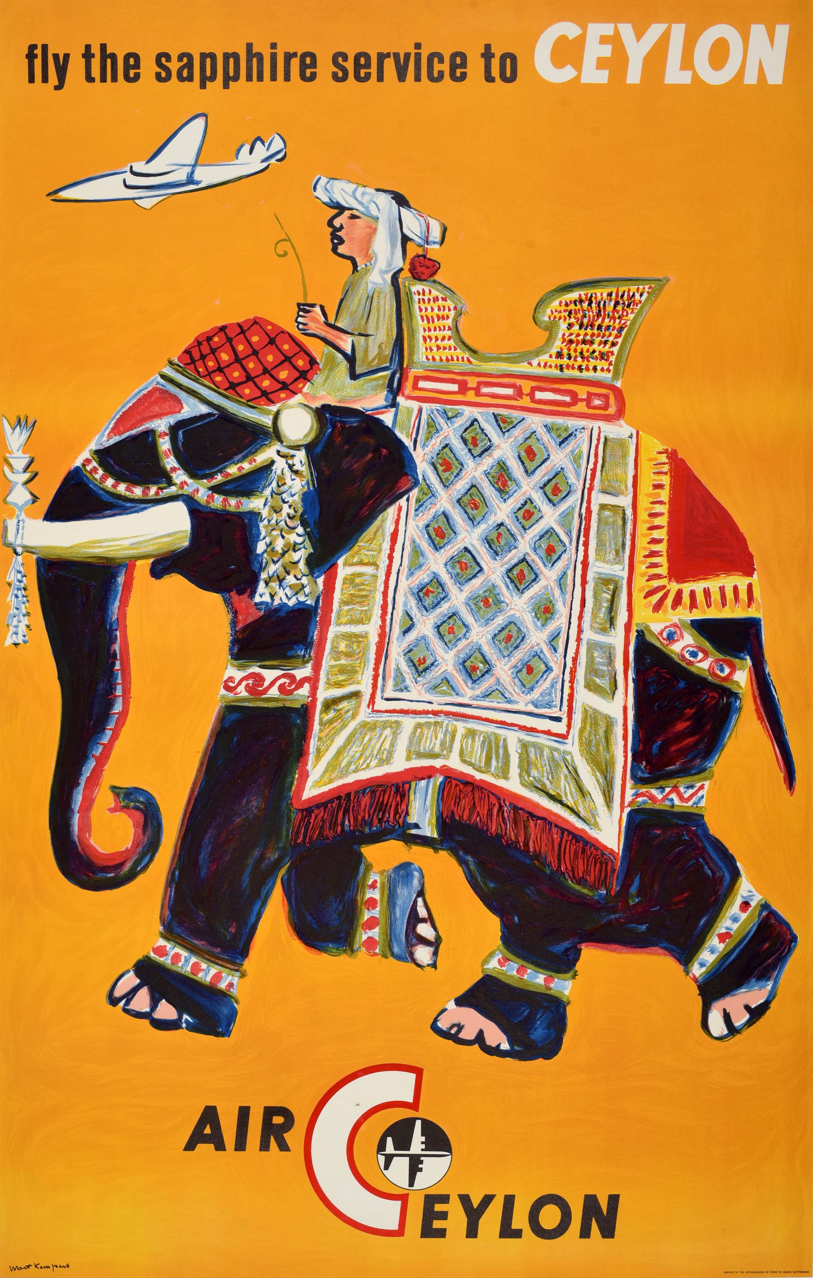 Unknown Print - Original Vintage South Asia Travel Poster Air Ceylon Airline Sri Lanka Elephant