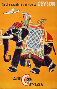Original Vintage South Asia Travel Poster Air Ceylon Airline Sri Lanka Elephant