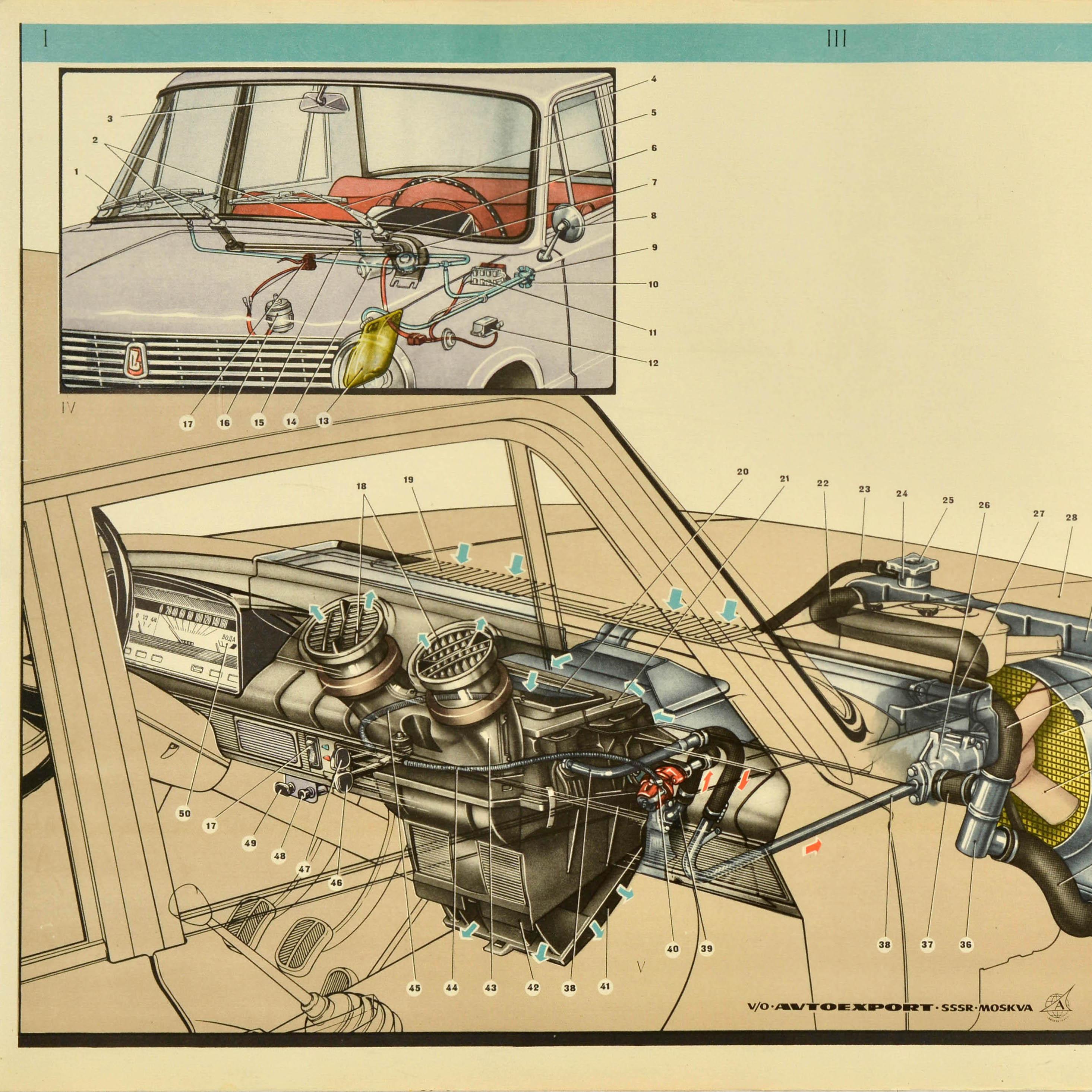 Cartel publicitario original de coches de época para Lada que muestra el motor en tres imágenes técnicas, el texto debajo - v/o Avtoexport SSSR Moskva / Autoexport USSR Moscow. Fabricado por AvtoVAZ como coche asequible, la marca rusa Лада / Lada se
