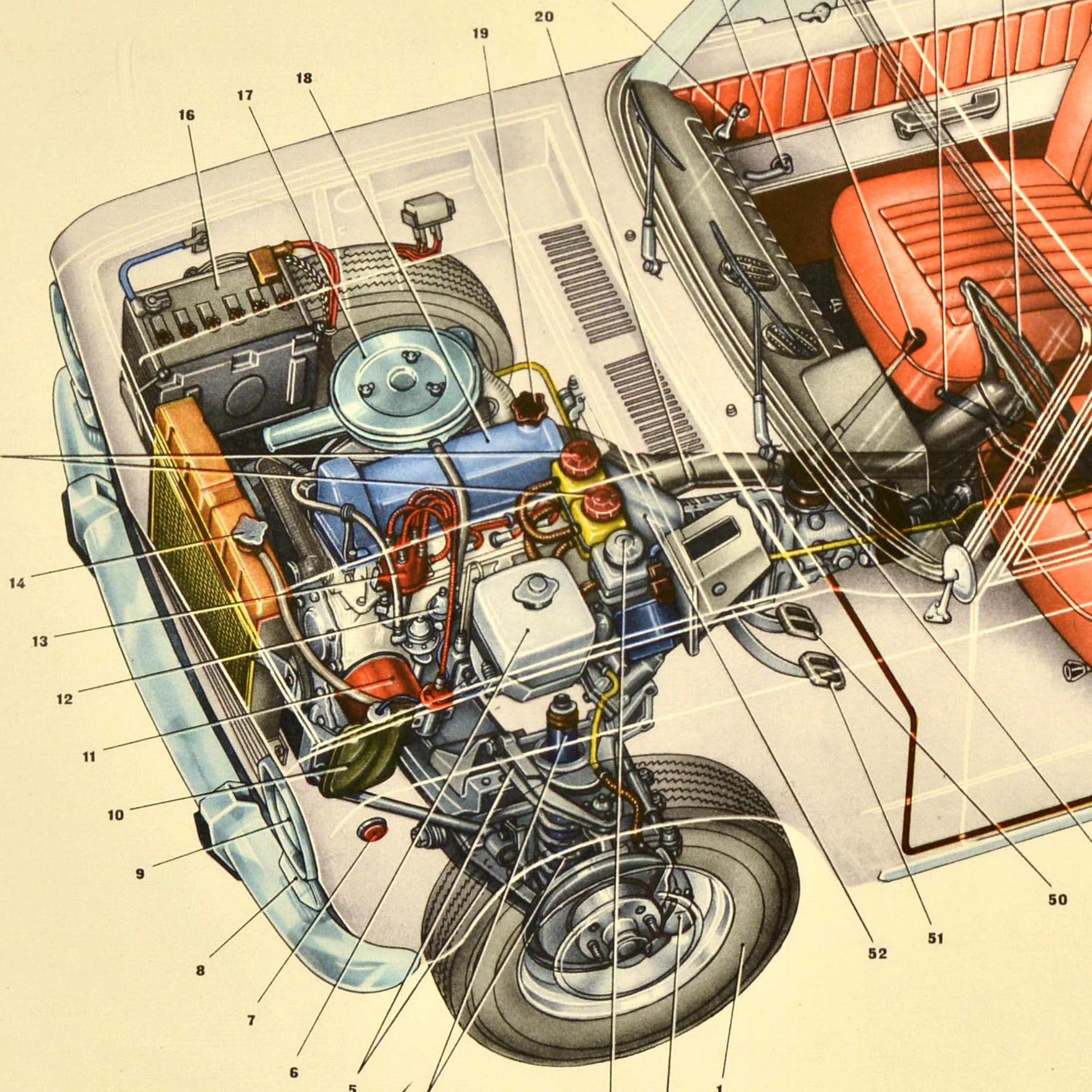 Poster pubblicitario d'epoca originale per Lada che mostra gli interni con i sedili, il motore e il bagagliaio in una sagoma dell'auto, il testo sottostante - v/o Avtoexport SSSR Moskva / Autoexport USSR Moscow. Prodotto da AvtoVAZ come auto