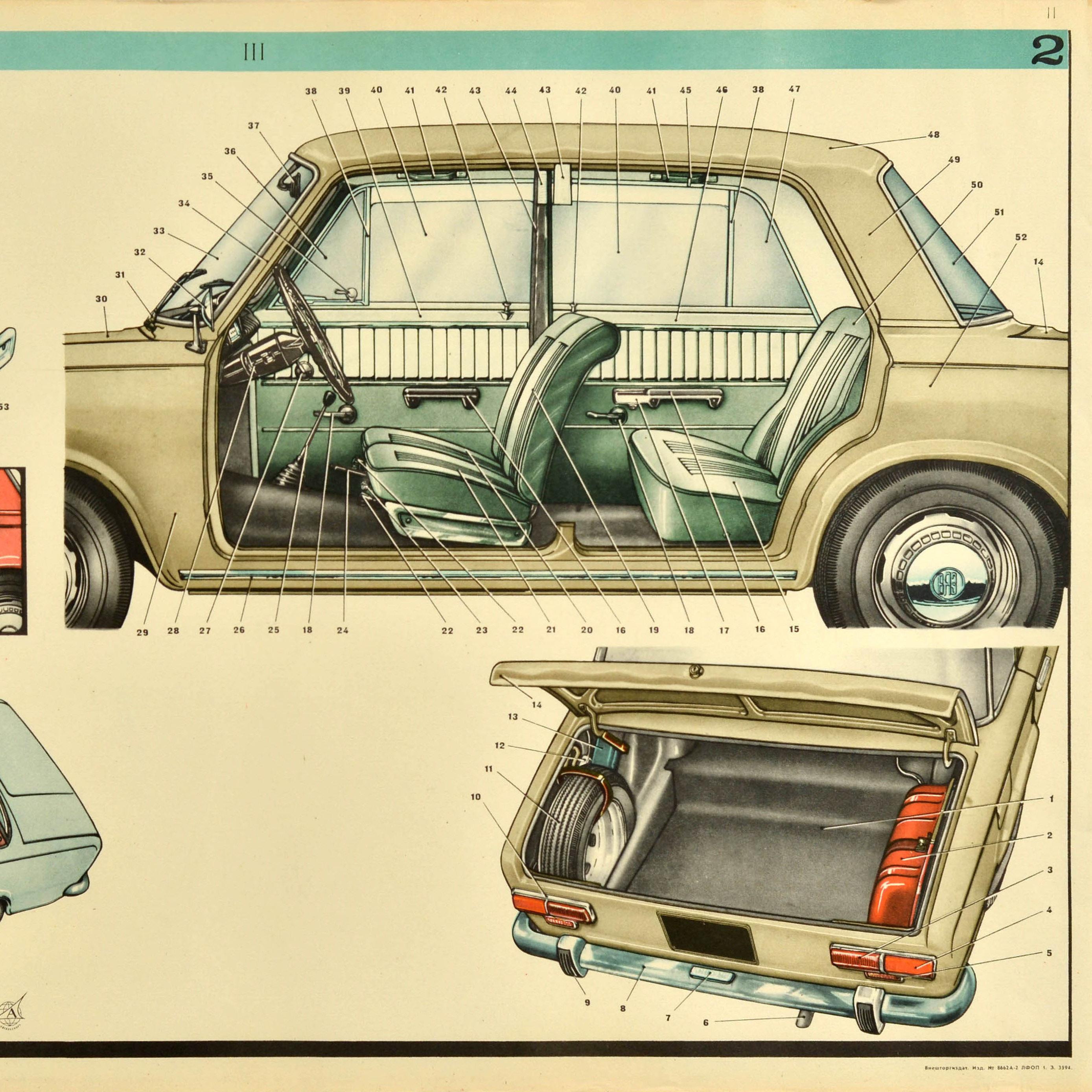 Original vintage car advertising poster for Lada showing the interior of the vehicle with smaller images of the boot and seating detailing the mechanisms and seat belts, the text below - v/o Avtoexport SSSR Moskva / Autoexport USSR Moscow.