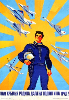 Original Retro Soviet Air Force Military Propaganda Poster Pilot USSR TU144