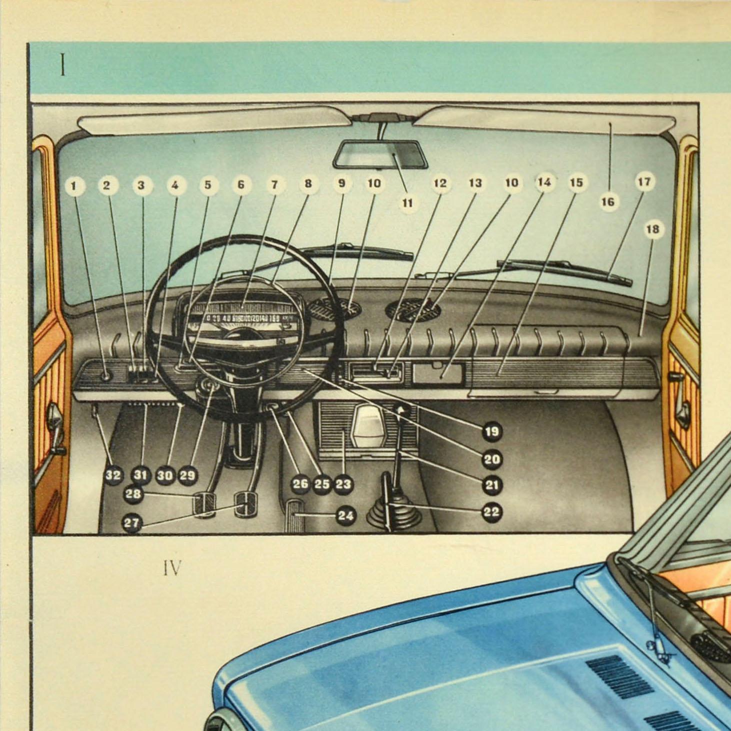 Affiche publicitaire originale pour Lada montrant l'extérieur et l'intérieur du véhicule avec des images plus petites du tableau de bord et du panneau d'affichage ainsi que les dimensions de la voiture de face et de côté, le texte en dessous - v/o