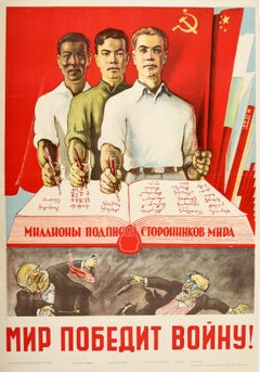 Original Retro Soviet Cold War Propaganda Poster Peace Victory Solidarity USSR