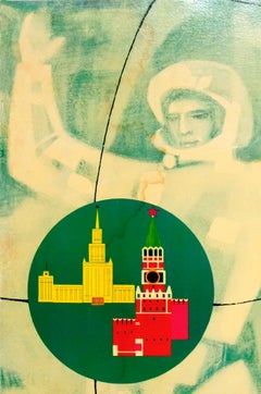Original Vintage Soviet Intourist Travel Poster Ft Moscow Gagarin Space Design