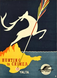 Original Vintage Soviet Intourist Travel Poster Hunting In Crimea Yalta Deer