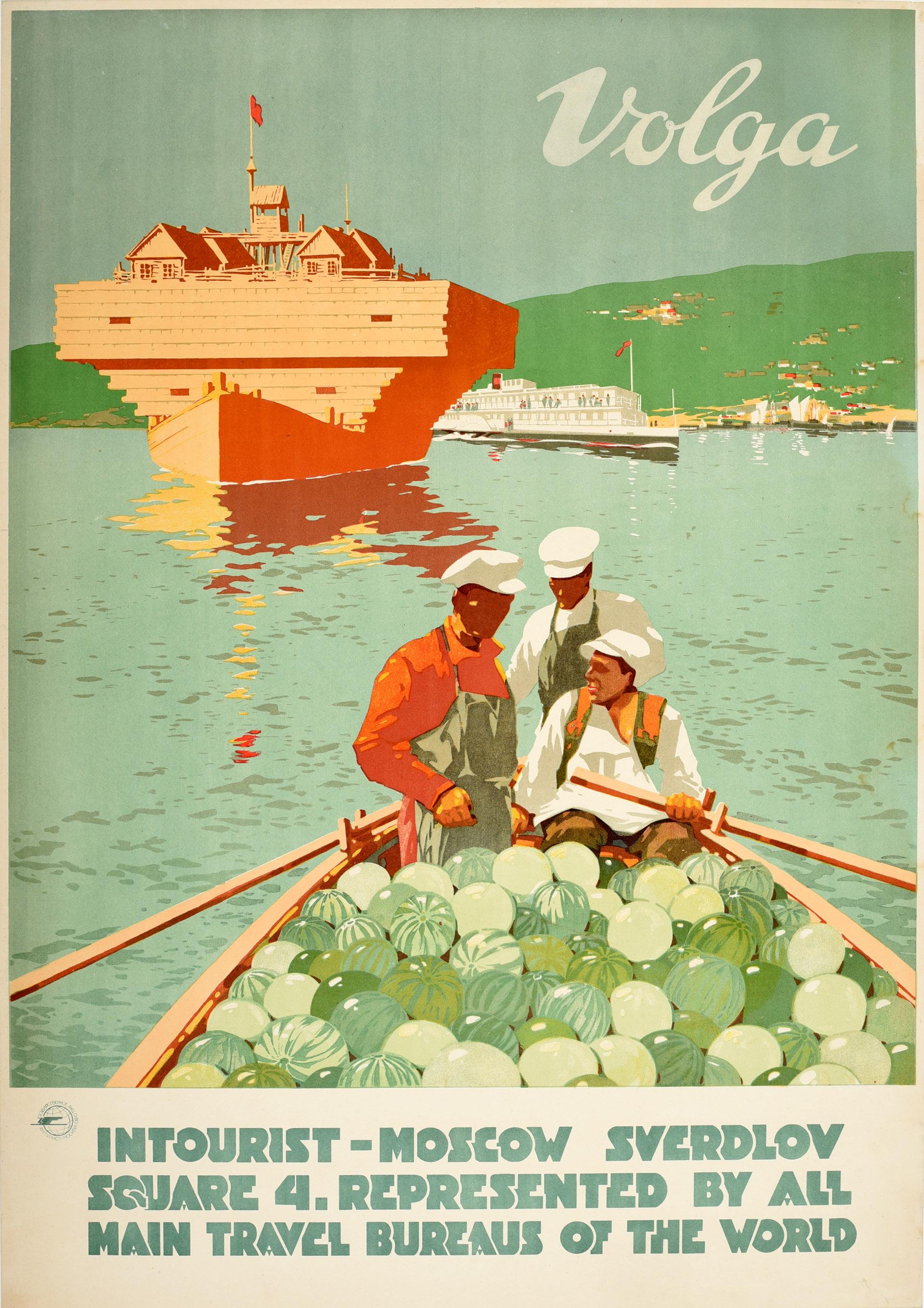 Original Vintage Soviet Intourist Travel Poster Volga River Ft. Watermelon Boat