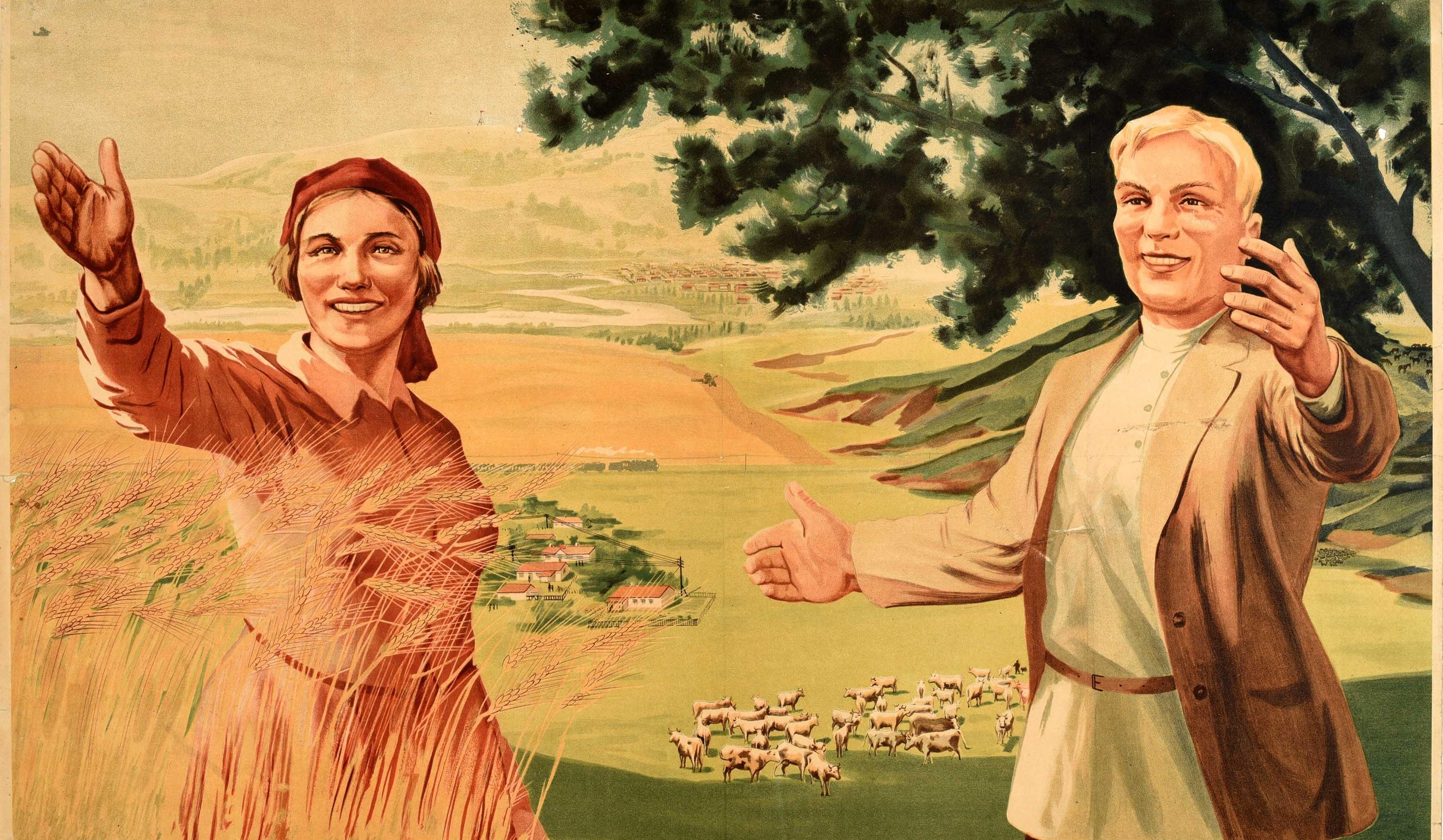 Original cartel de propaganda soviética de época - ¡Múdate al Lejano Oriente con nosotros / Переезжайте к нам на дальний восток! - en el que aparecen una dama detrás de un trigo y un hombre enmarcado por un árbol dando la bienvenida y mostrando al