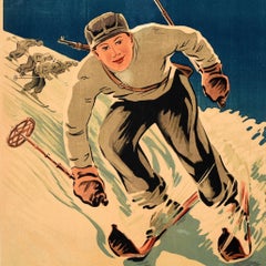 Affiche rétro originale soviétique Skiers Red Army KIM Sports Society, Ski, URSS