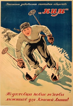 Originales sowjetisches Vintage-Poster, Skier, Rot, Armee, KIM Sports Society, Skifahren, UdSSR