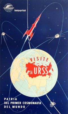 Original Vintage Soviet Poster Visit USSR Home Of The First Cosmonaut Intourist