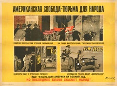Original Retro Soviet Propaganda Poster American Freedom Prison People USSR