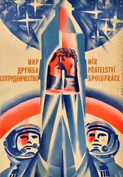 Original Vintage Soviet Propaganda Poster Cosmonauts Peace Czechoslovakia USSR