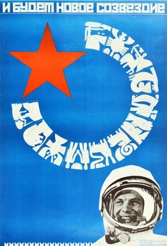 Affiche de propagande soviétique originale vintage Gagarin, Voyage à l'espace, Horoscope, URSS