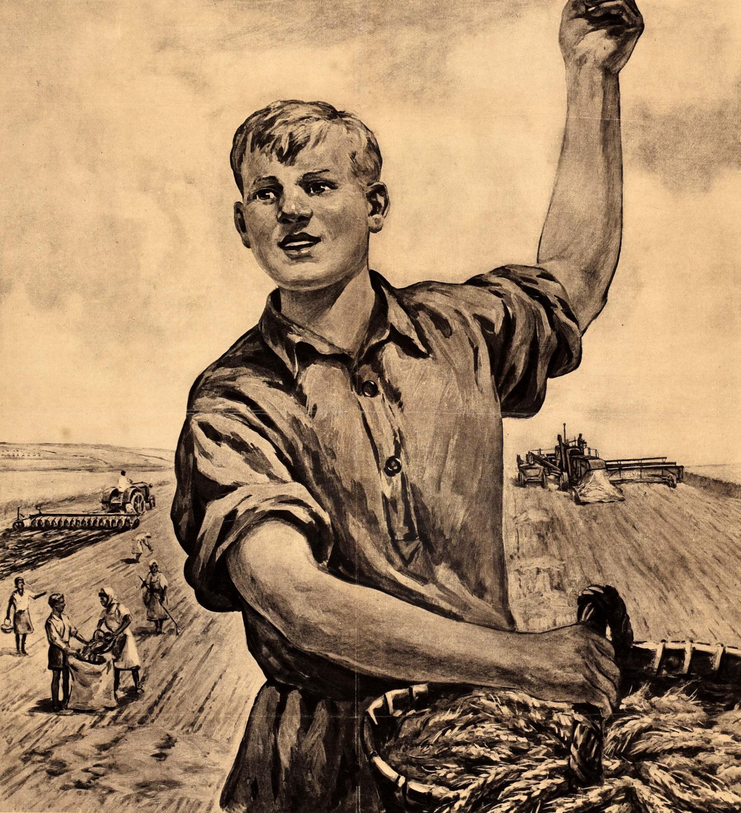 Poster di propaganda sovietica originale d'epoca Agricoltura e coltivazione del grano Campo URSS - Print di Unknown
