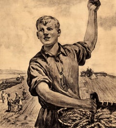 Original Vintage Soviet Propaganda Poster Grain Farming Agriculture Field USSR