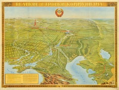 Affiche rétro originale de propagande soviétique - « Great Buildings Of Communism » - Carte de l'URSS
