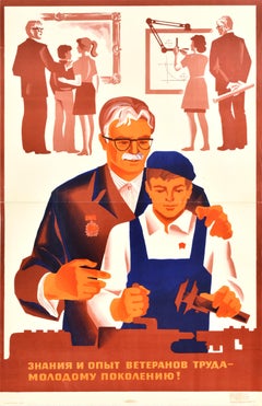 Original Vintage Soviet Propaganda Poster Knowledge Of Labour Veterans USSR