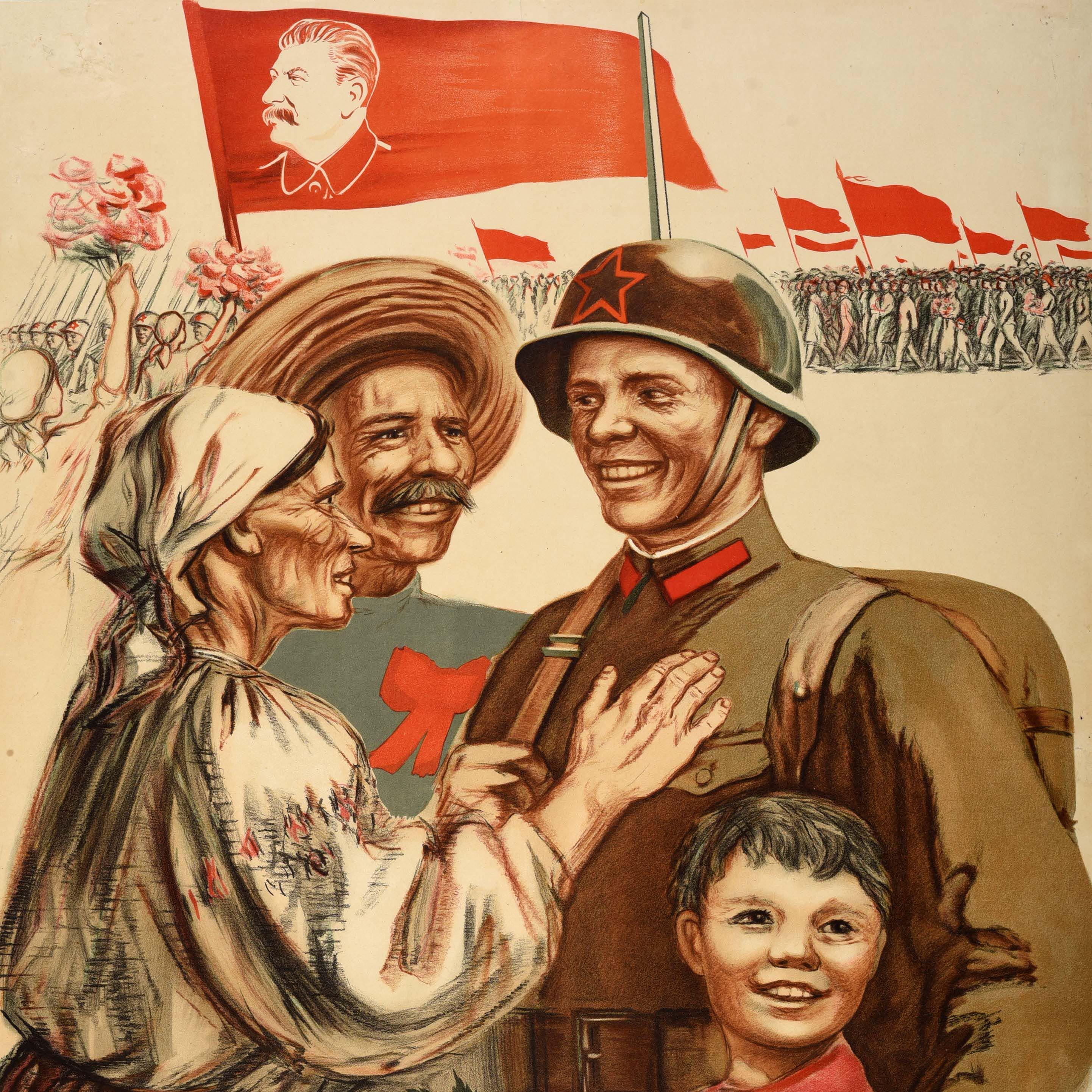 Affiche de propagande soviétique originale « Long Live The Red Army » URSS Stalin - Marron Print par Unknown