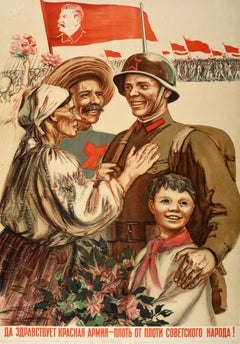 Affiche de propagande soviétique originale « Long Live The Red Army » URSS Stalin