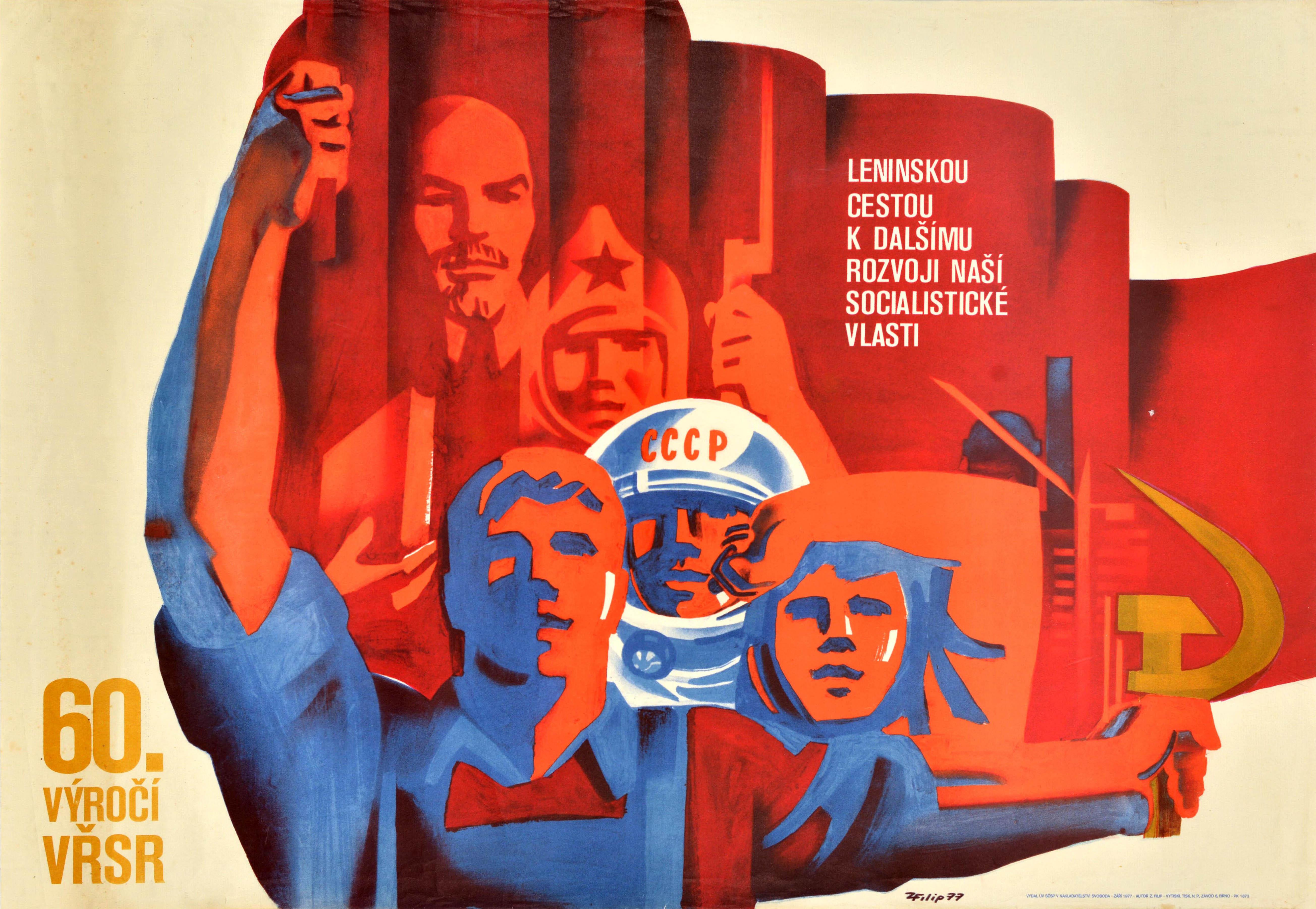 Print Unknown - Affiche de propagande soviétique originale de la Révolution d'octobre en Tchécoslovaquie URSS
