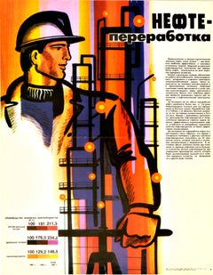 Original Vintage Soviet Propaganda Poster Oil Refinery Industrial Plant Worker