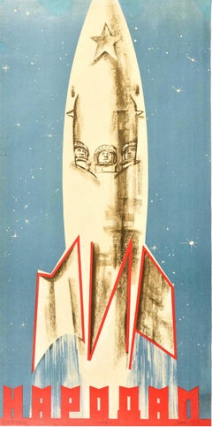 Original Retro Soviet Propaganda Poster Peace To The People USSR Space Rocket