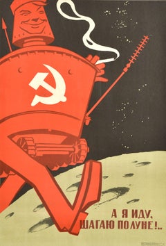 Original Vintage Soviet Propaganda Poster Walking On The Moon Lunokhod USSR
